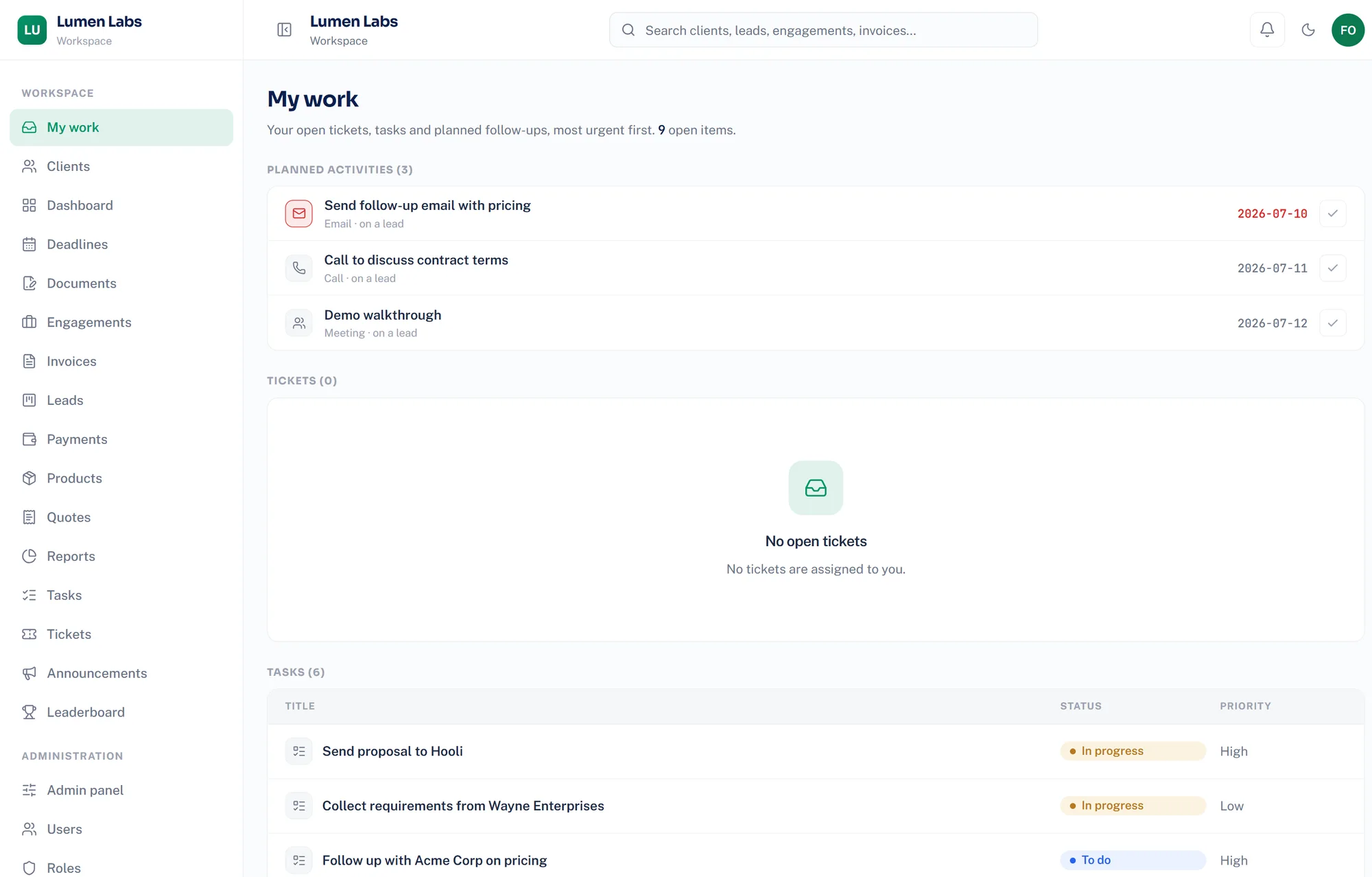 Saahak My Work view with planned activities and tasks