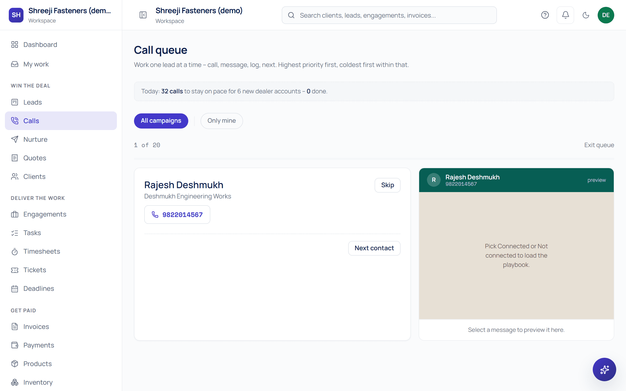 Saahak's call queue on a phone, showing today's target, a contact card and the WhatsApp preview panel beside it